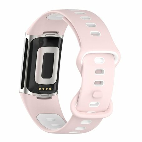 FitBit Charge 5 & 6 Sportbandje met dubbele lus - Roze / wit - Tweekleurig - Maat: L