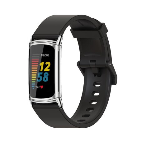 FitBit Charge 5 & 6 Extra soft siliconen bandje - Zwart + zilveren connector