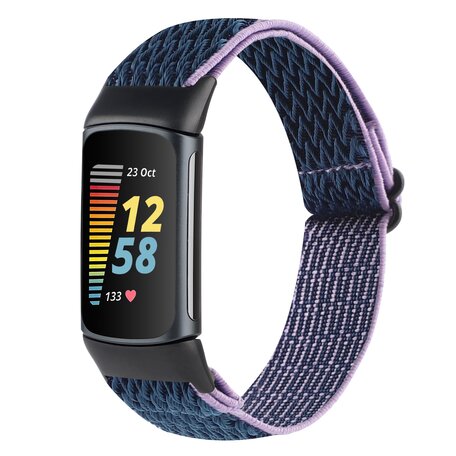 FitBit Charge 5 & 6 Elastische solo loop nylon bandje - Donkerblauw met paars