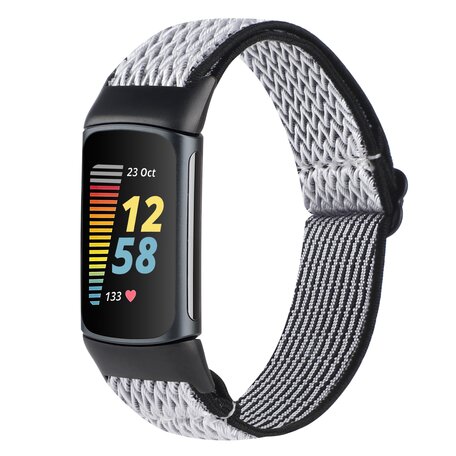 FitBit Charge 5 & 6 Elastische solo loop nylon bandje - Zwart / wit