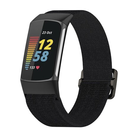 Fitbit Charge 5 & 6 - Elastisch nylon bandje - Zwart