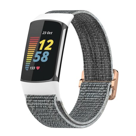 Fitbit Charge 5 & 6 - Elastisch nylon bandje - Wit / grijs