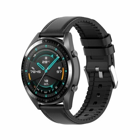 leer + siliconen bandje - Zwart - Huawei Watch GT 2 / GT 3 / GT 4 - 46mm