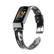 Fitbit Charge 5 bandje - PU leather - Zwart (bloemenprint)