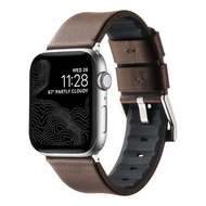 Leer + siliconen band - Bruin + zilveren aansluiting en gesp - Geschikt voor Apple Watch 44mm / 45mm / 46mm / 49mm afbeelding
